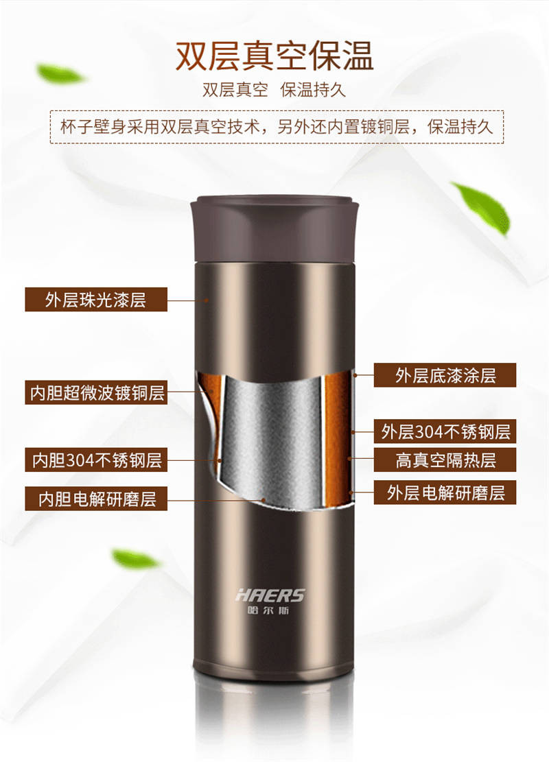 哈尔斯 HAERS 不锈钢真空保温杯 办公杯车载直身杯泡茶水杯子 350ml HD-350-28