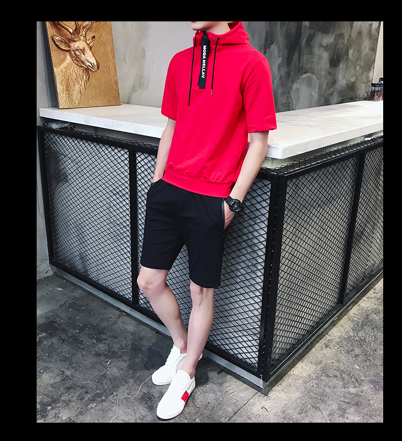 2018年T恤夏季青少年卫衣短袖连帽纯色韩版潮流时尚百搭休闲