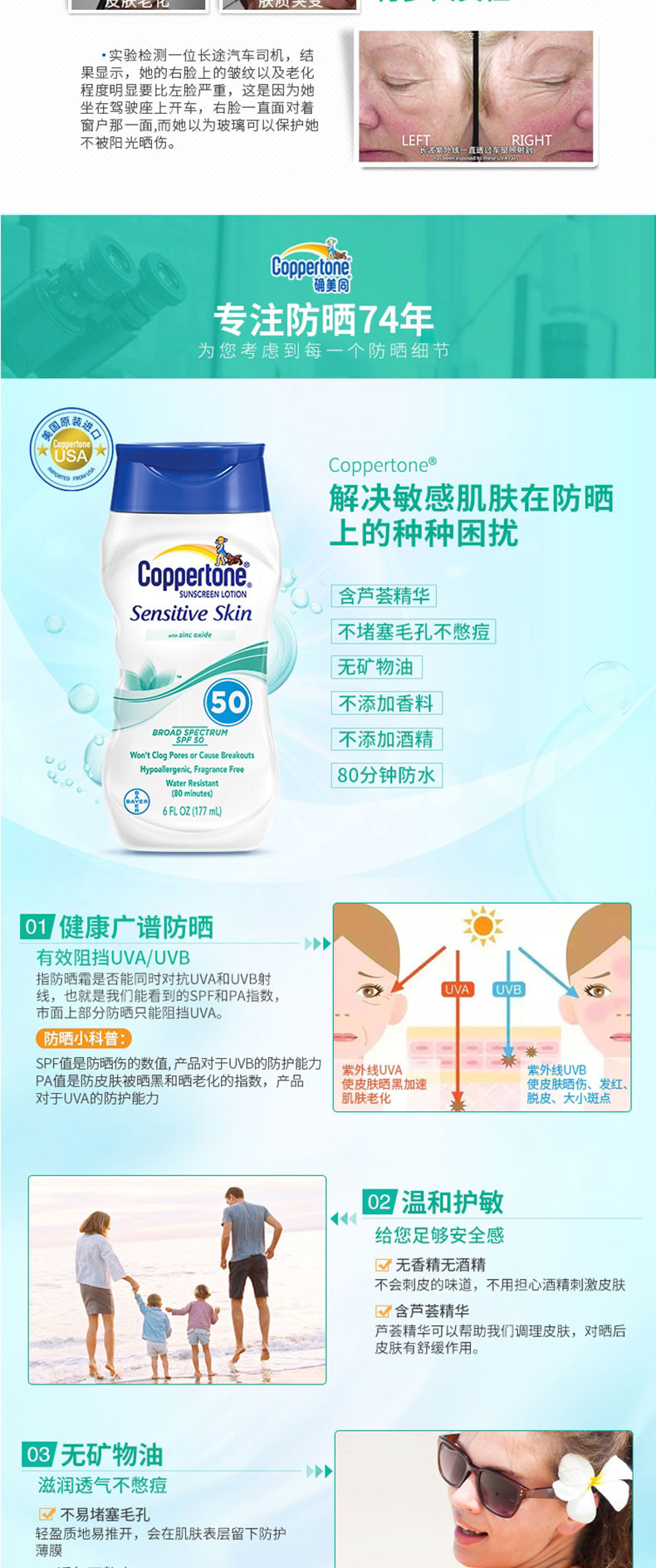 确美同（COPPERTONE ）®温和型防晒乳SPF50 PA+++ 177ml （敏感肌）