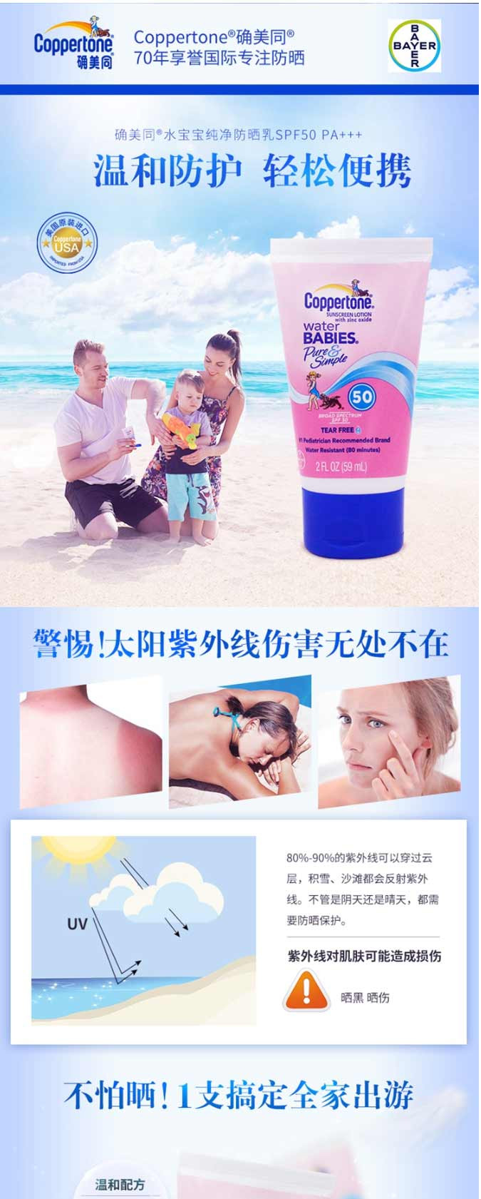 美国确美同 Coppertone ®水宝宝纯净防晒乳SPF50 PA+++ 59ml  （粉色小支）