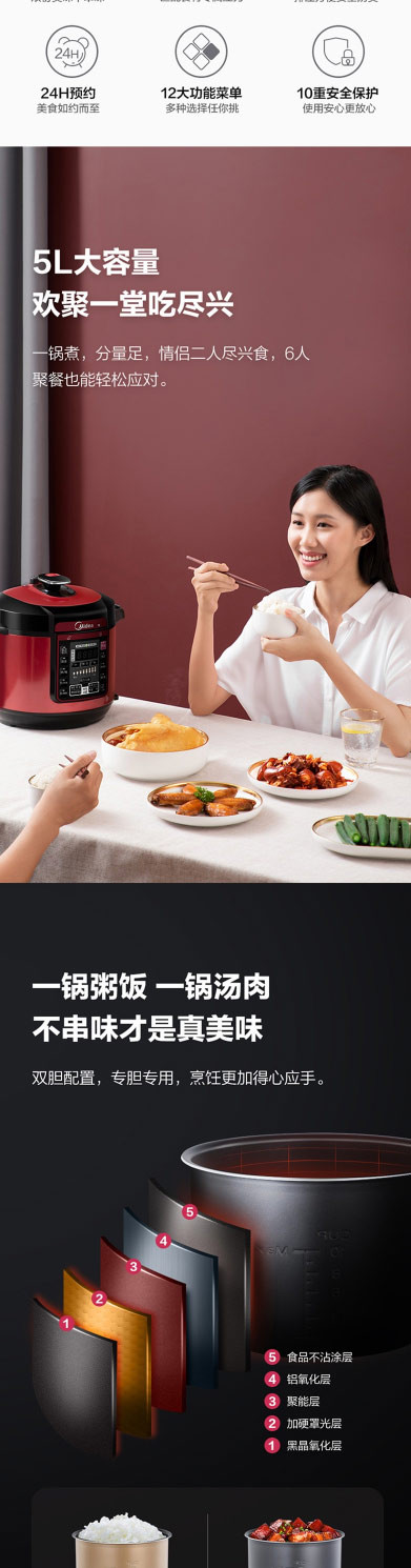 美的/MIDEA 电压力锅 5升双胆家用高压锅WQC50A5（满100-5元）