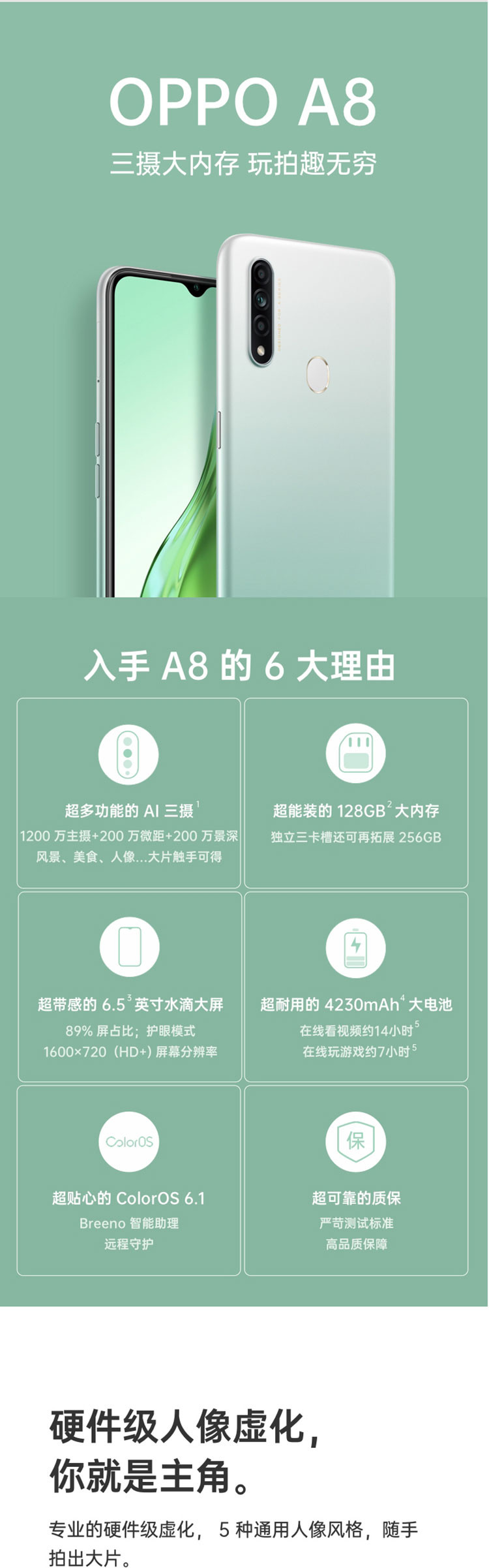 OPPO A8 智能手机 AI三摄 4230mAh大电池 6.5英寸水滴屏 4+128