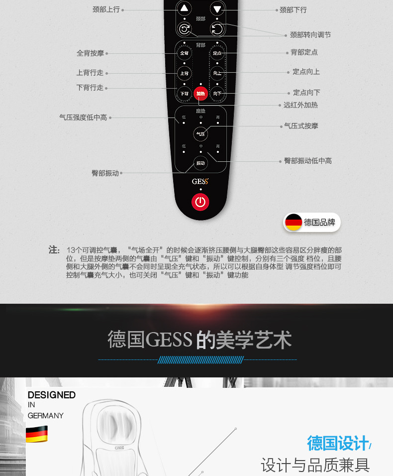 GESS 德国品牌颈椎按摩器按摩靠垫全身 颈部腰部肩部按摩椅垫 按摩仪按摩枕背部按摩垫 GESS18