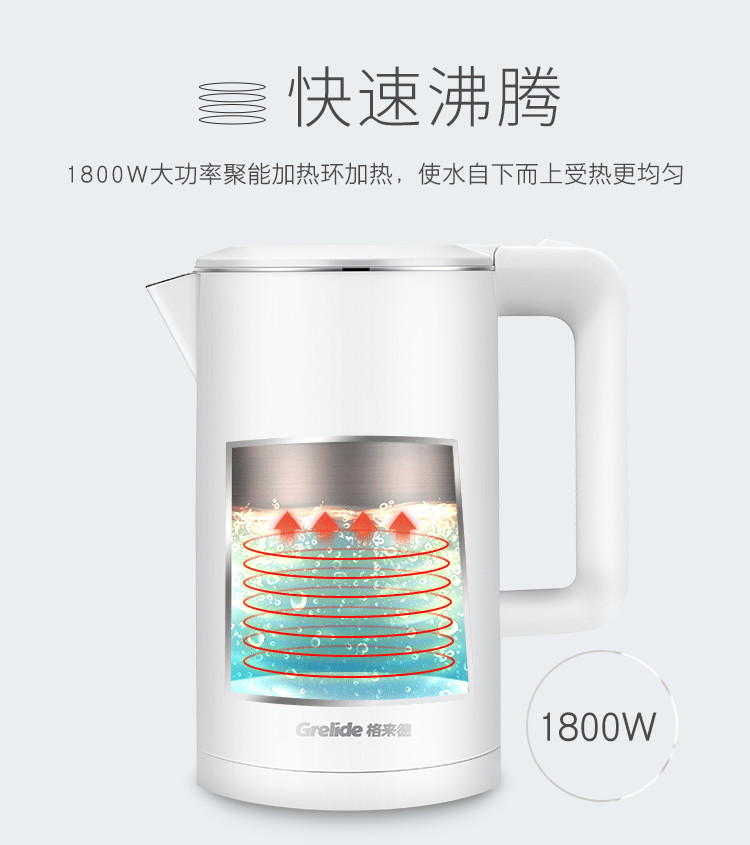 格来德（Grelide）电水壶电热水壶 304不锈钢烧水壶 双层防烫 可视性加热灯D1709