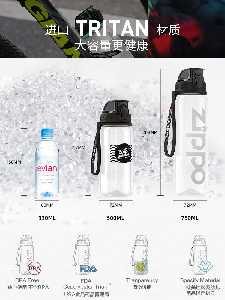 ZIPPO 夏天男女塑料防摔户外水壶Tritan大容量便携健身运动水杯子500ml