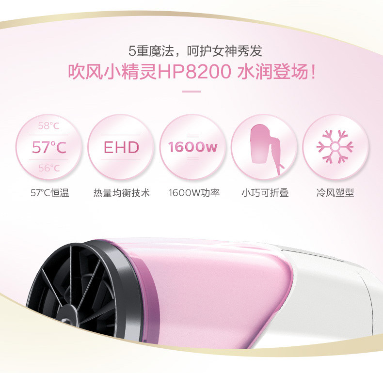 PHILIPS/飞利浦 电吹风机家用大功率6档冷热风恒温护发小巧可折叠 HP8200