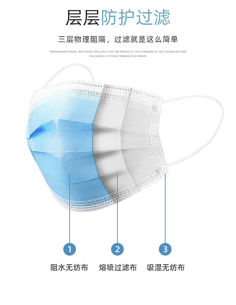 氧言 一次性民用口罩含熔喷布三层防护防尘透气口鼻罩100只（2袋装）