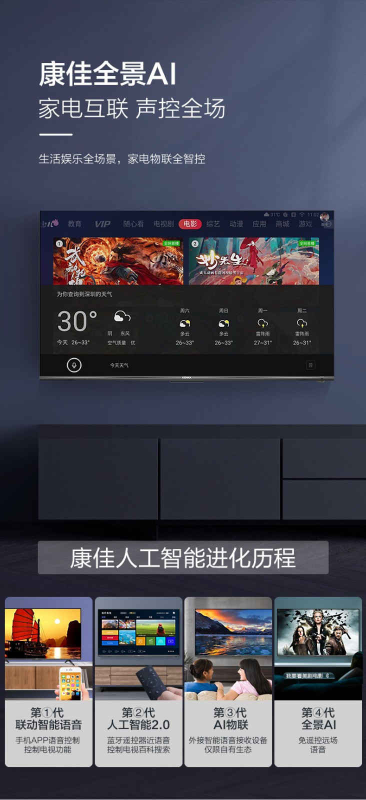 康佳/KONKA 55Q30 65英寸电视 4K超高清全面屏电视 AI智能语音 2GB+16GB
