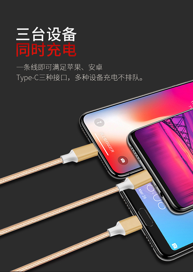 纽曼 苹果/Type-C/安卓三合一2米数据线一拖三充电线 XS06两米装