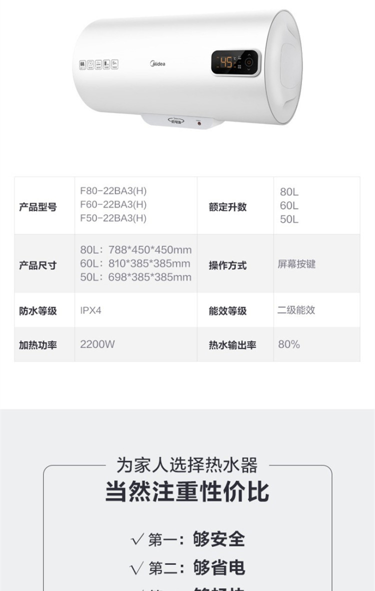 美的 电热水器60L数显低耗速热节能保温家用 F60-22BA3(H)