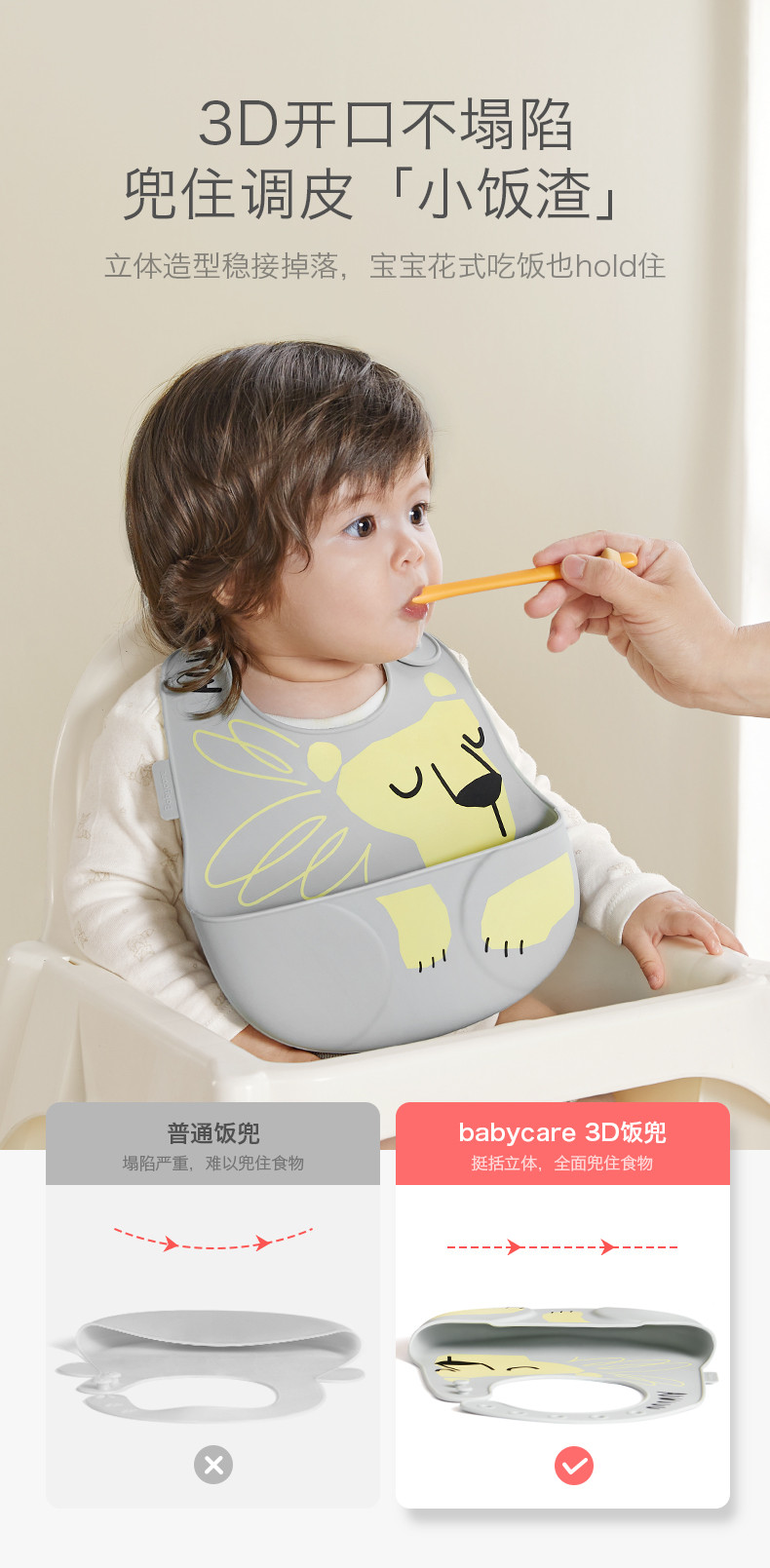  babycare 宝宝吃饭硅胶围嘴立体食饭围兜辛德白BC2008037-3D