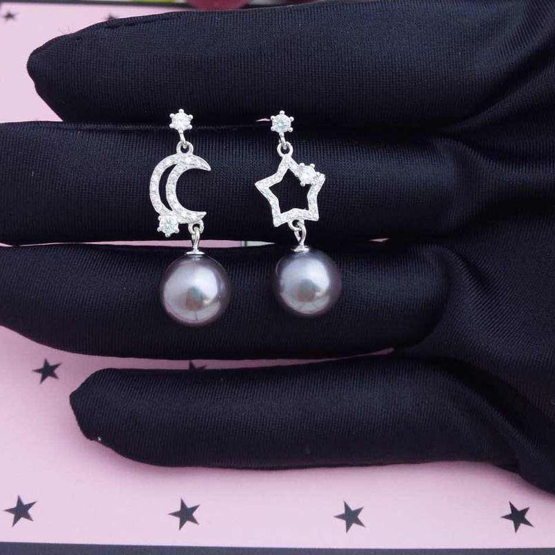 ARMASA/阿玛莎925银珍珠耳钉不对称星月耳环时尚百搭新款女人如珍珠防过敏送女友