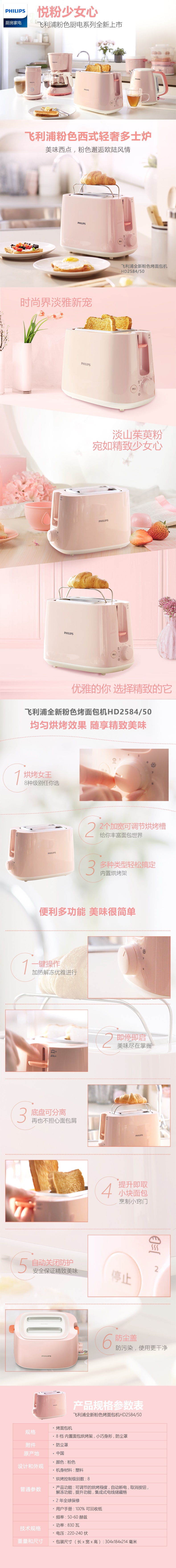 Philips/飞利浦 HD2584/50吐司机粉色家用早餐电多士炉烘烤面包机