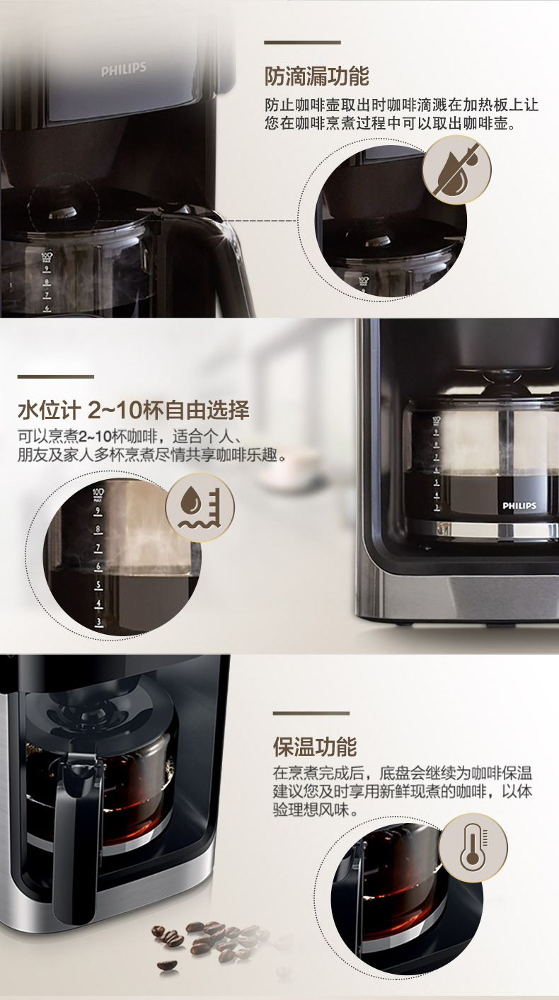 Philips/飞利浦 HD7762/00家用可磨豆滴漏式美式咖啡机研磨一体机