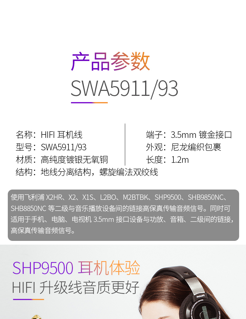 飞利浦SHP9500 X2HR X1S HD10 MSR7 HD650耳机升级发烧音频线