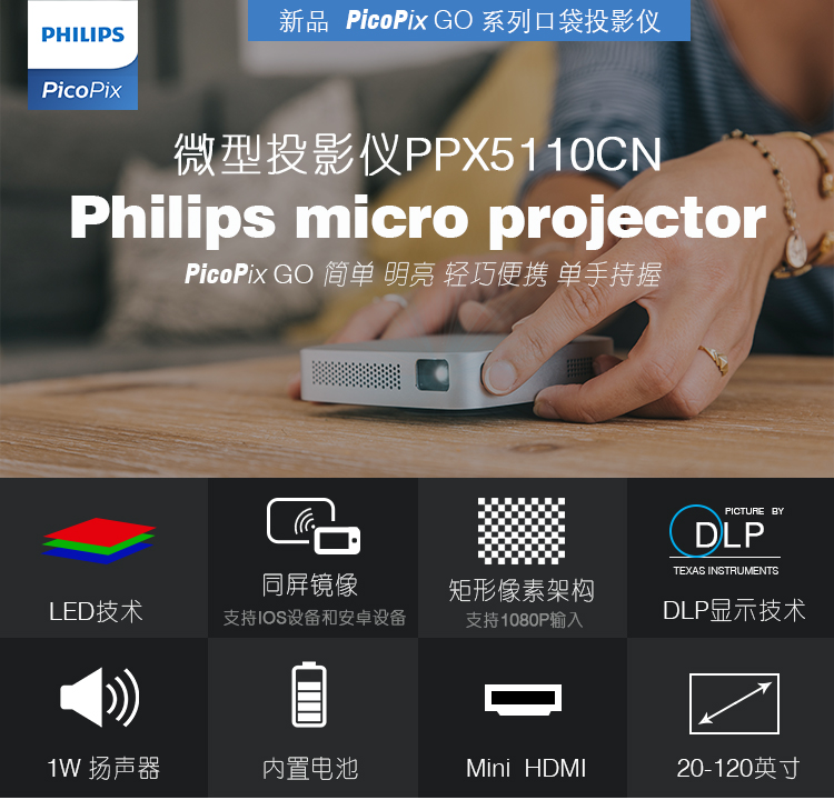 飞利浦便携式掌上迷你微型投影仪家用高清1080P wifi无线手机投影机安卓苹果4K智能 5110C