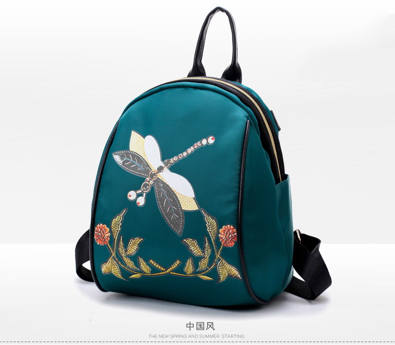 迪阿伦 新款民族风花朵刺绣双肩包水钻蜻蜓尼龙布背包韩版时尚绣花女包包
