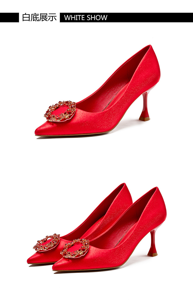 古奇天伦 中式婚鞋女红色秀禾服高跟鞋新娘鞋尖头细跟伴娘鞋结婚鞋