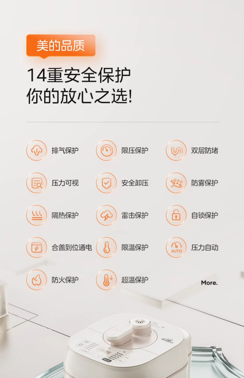 美的/MIDEA 电压力锅家用0涂层电高压锅双胆智能5L双胆大容量多功能饭煲