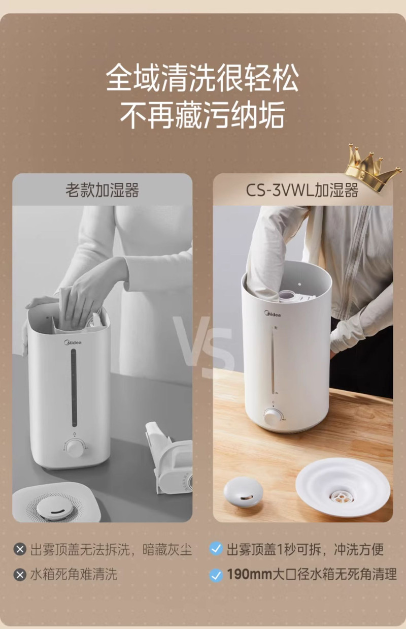 美的/MIDEA 3VWL小型加湿器孕妇婴儿器家用轻音抗菌桌面办公室客厅新款