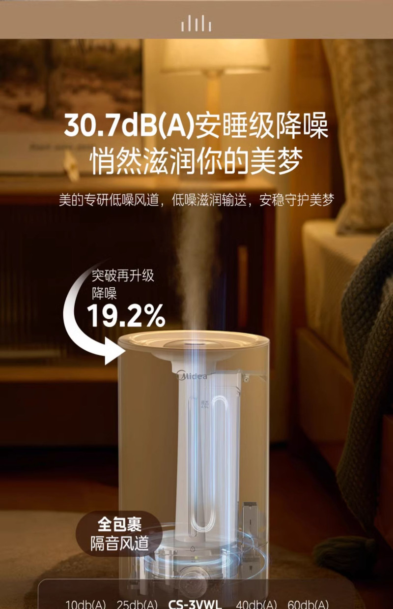 美的/MIDEA 3VWL小型加湿器孕妇婴儿器家用轻音抗菌桌面办公室客厅新款