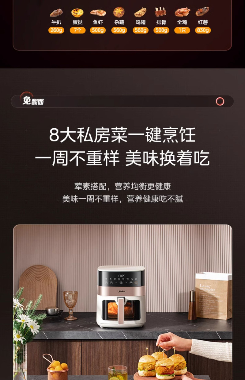 美的/MIDEA 免翻面可视大容量家用空气炸锅智能多功能新款电炸锅电烤箱