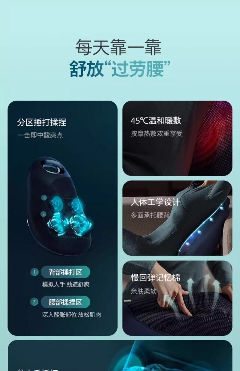 飞利浦/PHILIPS 腰部按摩器无线背部按摩仪多功能腰背按摩抱枕热敷捶打揉捏靠背