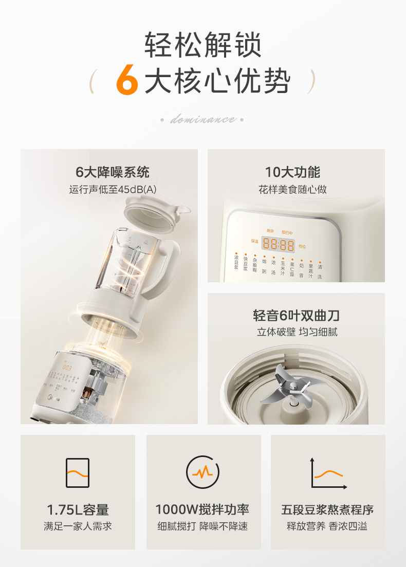 美的/MIDEA 破壁机家用豆浆机全自动免煮榨汁机一体料理机无渣新款安睡