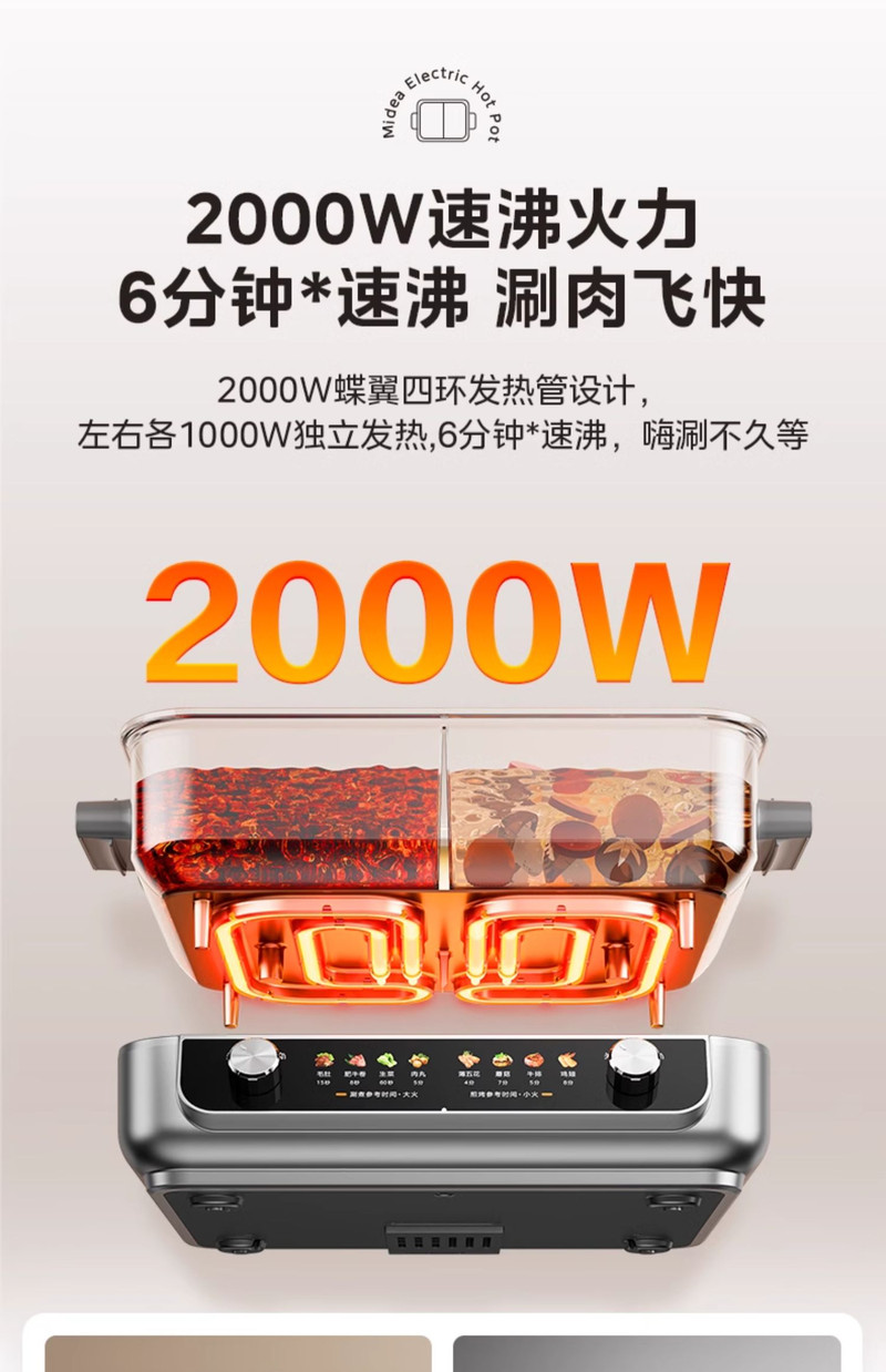 美的/MIDEA 新款家用分体式电火锅大容量鸳鸯电煮锅大火炒锅多功能电煎锅