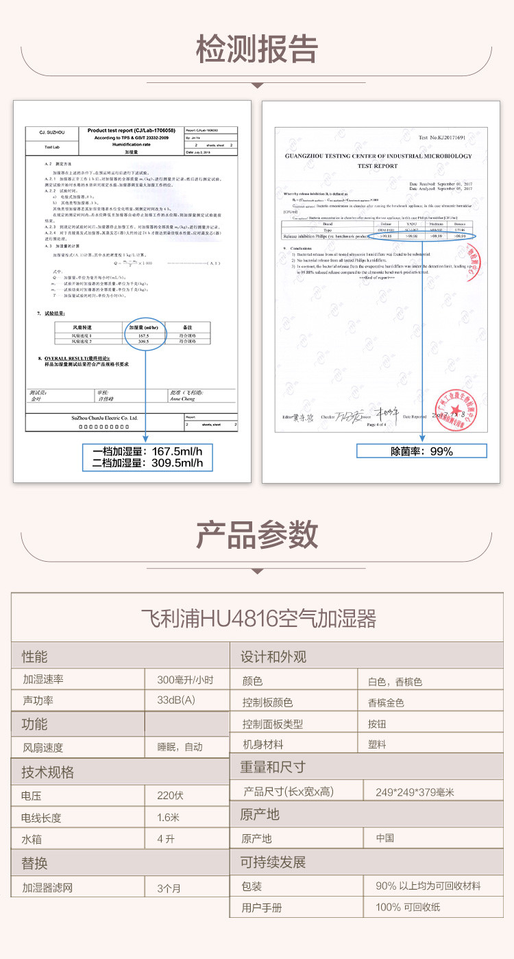 飞利浦/PHILIPS 无雾加湿器 轻音便捷 无雾加湿器 无菌恒湿大容量