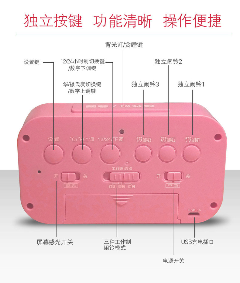 多功能USB充电智能闹钟 3组闹铃创意学生床头静音夜光报时聪明钟