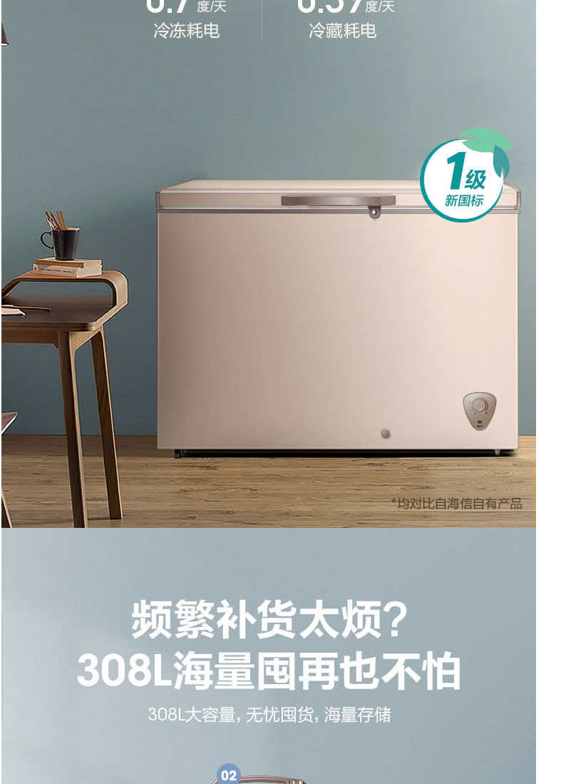 海信/Hisense BD/BC-308NUD冰柜商用大容量冷藏冷冻家用节能卧式保鲜冷柜