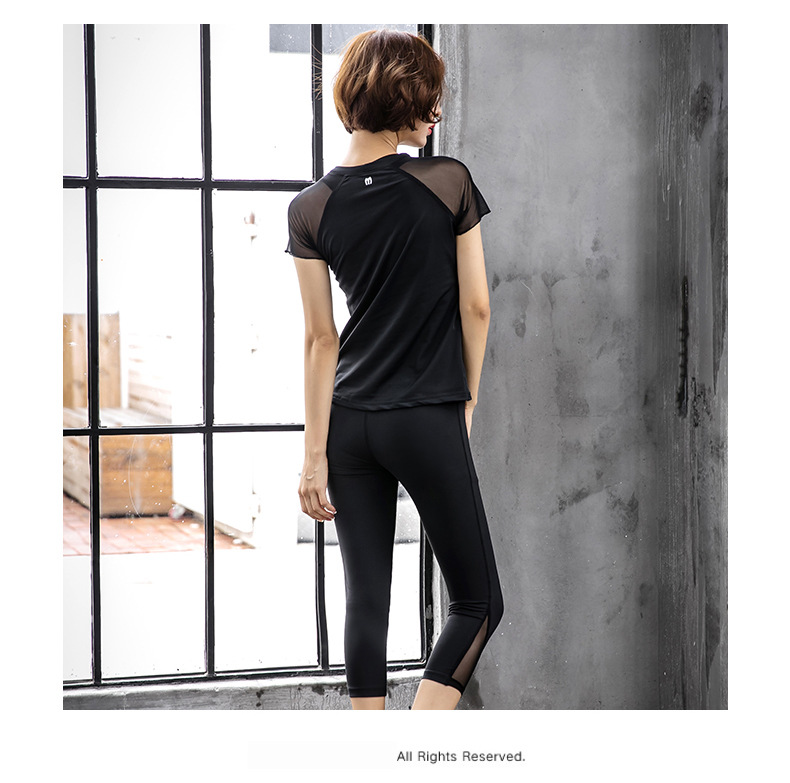 YY韩版新款瑜伽服夏季秋健身跑步三件套短袖网纱拼接锦纶运动套装女