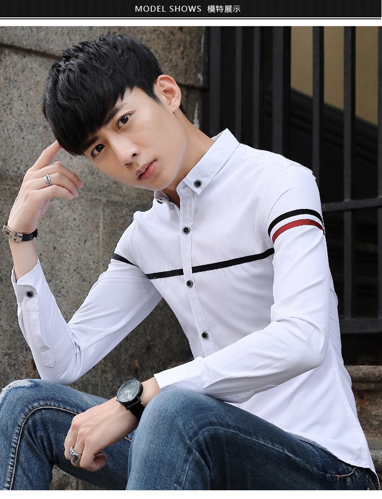 BJN休闲青少年男士长袖条纹衬衫修身韩版免烫衬衣学生上衣潮