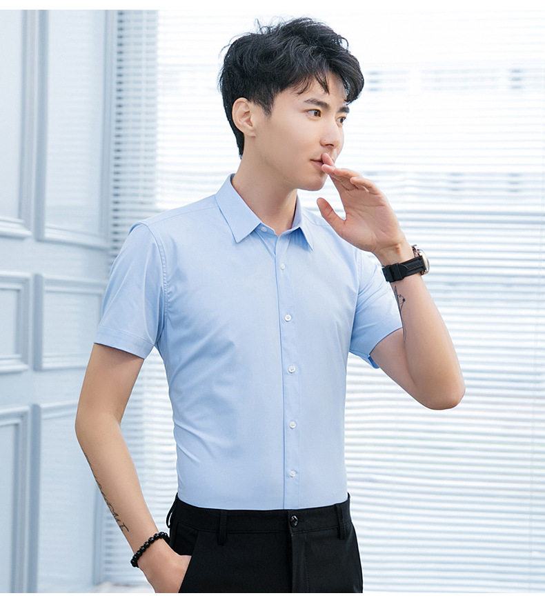 HB弹力白衬衫男士短袖商务休闲青年韩版潮流上班纯色免烫衬衣
