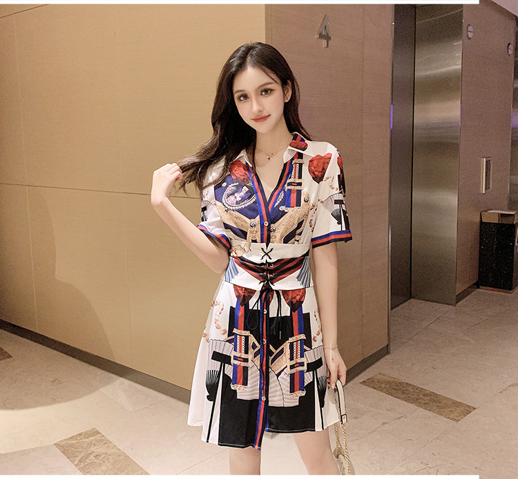 LR2019夏装新款韩版女装不规则印花衬衫短袖系带印花连衣裙女