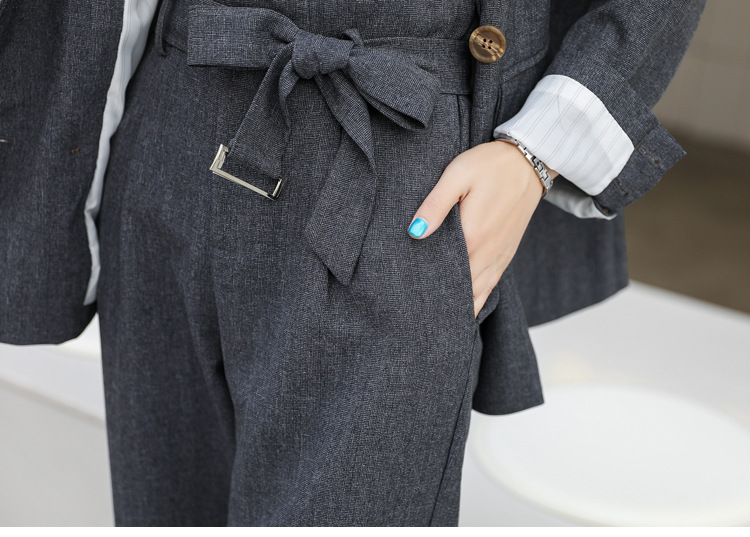 套装女 2019秋季新款女装气质修身系带小西装外套+休闲裤两件套