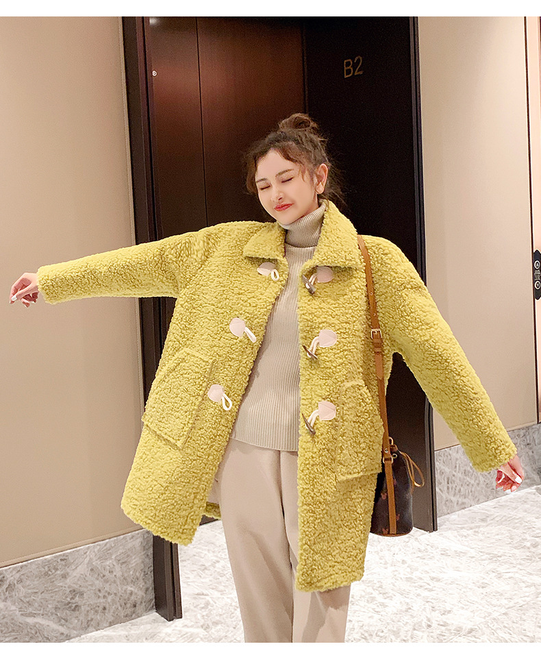 JY秋冬韩版时尚甜美皮毛一体仿羊绒中长款外套小香风羊羔毛大衣