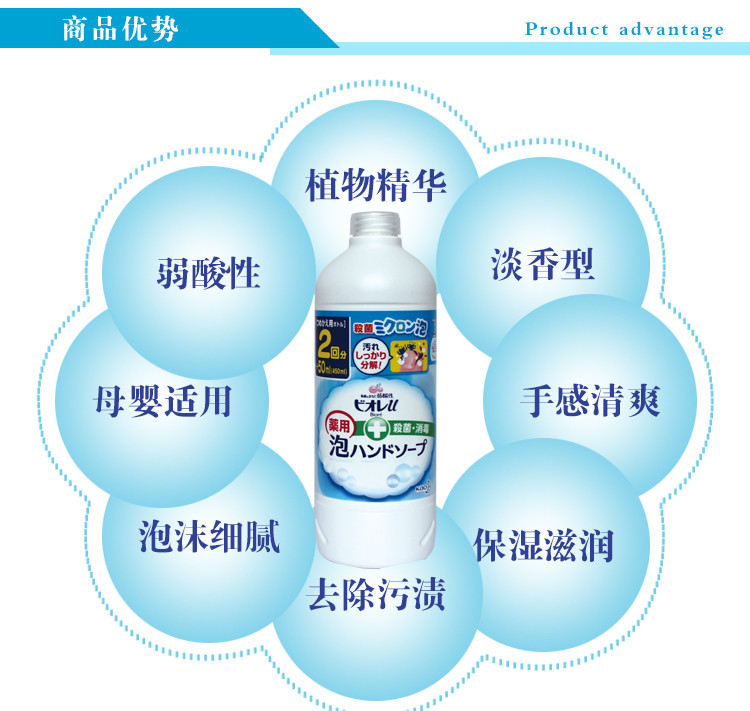 花王/KAO 植物泡沫型洗手液 替换装 450ml 淡香型 去除污渍 保湿滋润 日本进口