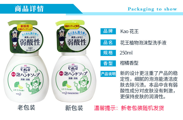 花王/KAO植物泡沫型洗手液250ml 柑橘香型 去除污渍去菌日本进口洗手液