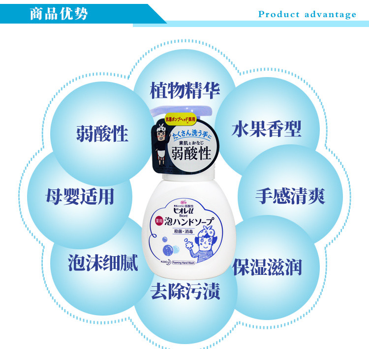 花王/KAO植物泡沫型洗手液250ml 淡香型 去除污渍除菌日本进口洗手液