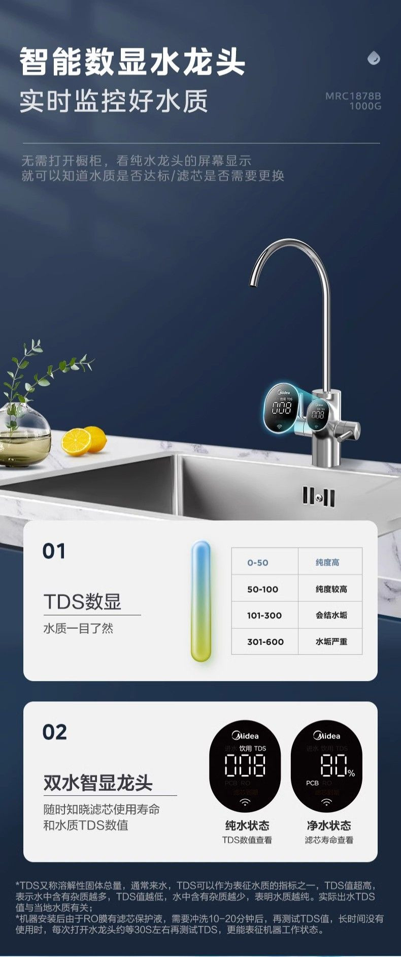 美的/MIDEA 净水器净水机RO反渗透MRC1878B-1000G 数显版