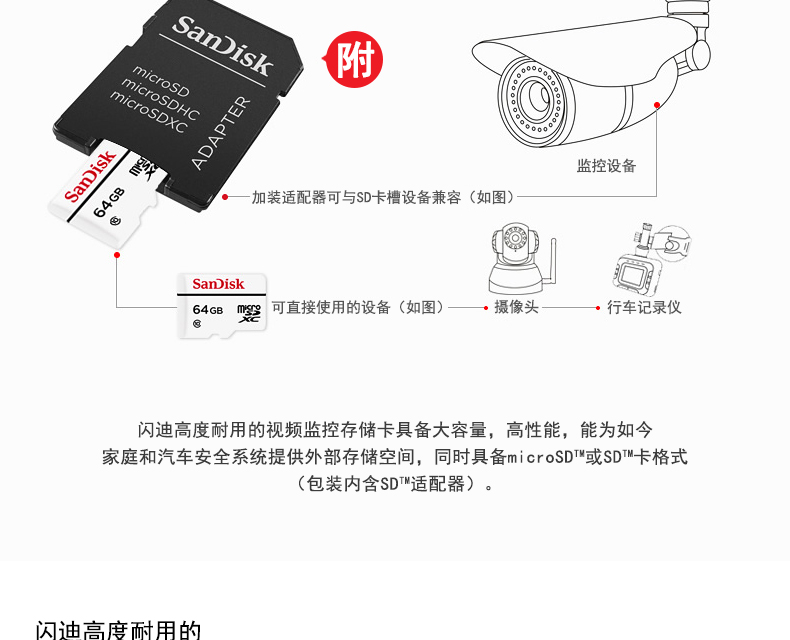 闪迪/SANDISK 视频监控64G内存卡SD存储卡 行车记录仪tf卡运动摄像头无人机