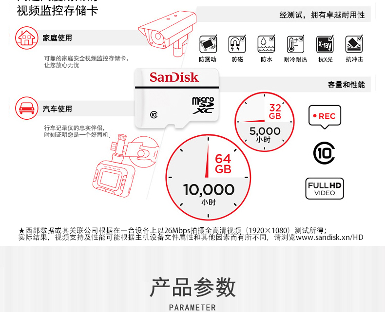 闪迪/SANDISK 视频监控64G内存卡SD存储卡 行车记录仪tf卡运动摄像头无人机