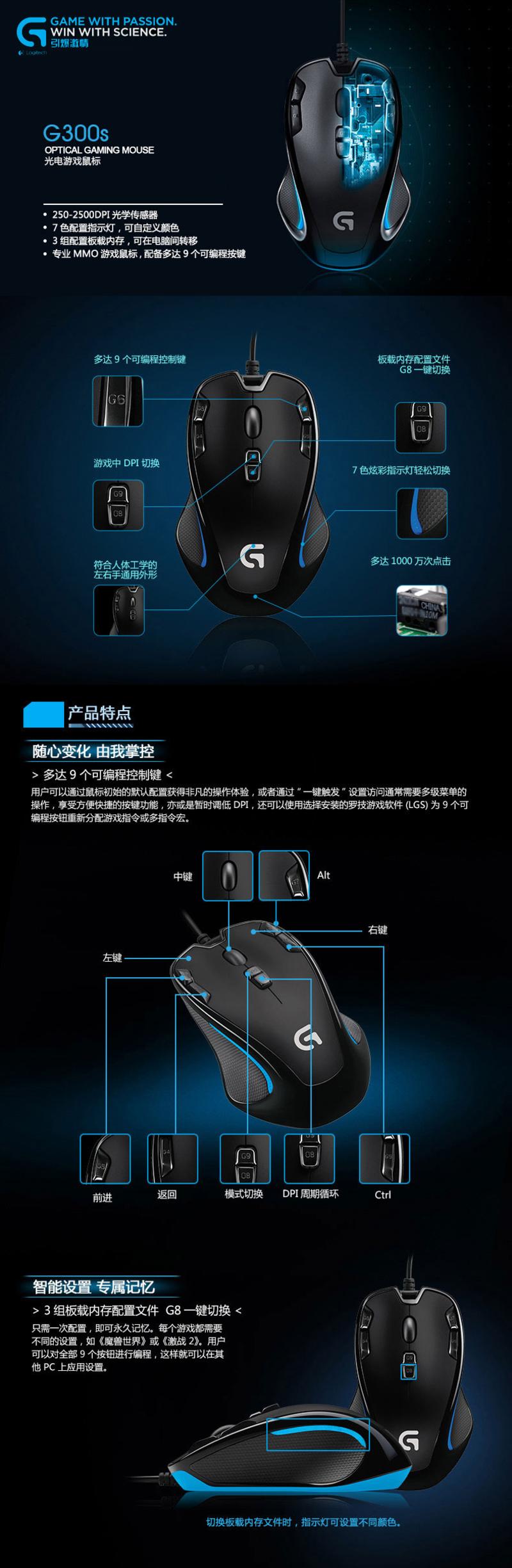 罗技/Logitech G300S有线游戏鼠标 G300升级版 竞技专业 有线鼠标