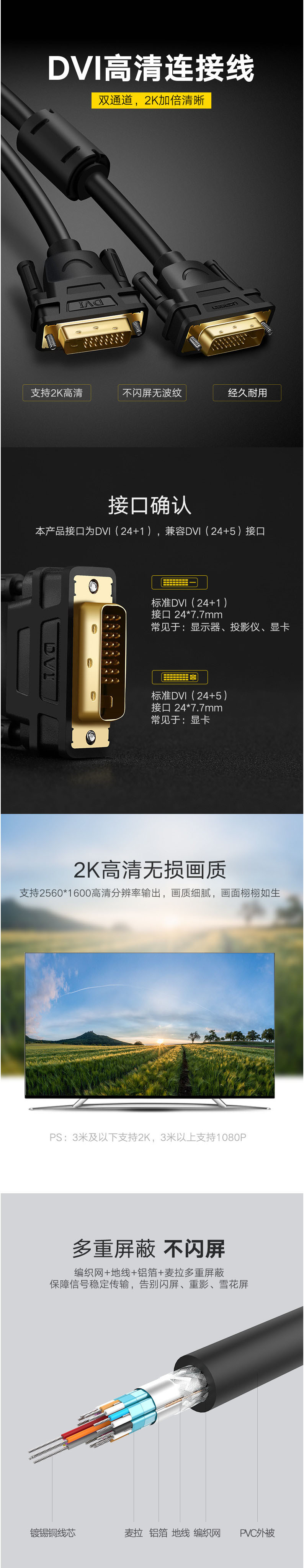 绿联（UGREEN） 绿联 DV101 DVI线24+1双通道dvi-d电脑显卡连接显示器线3米