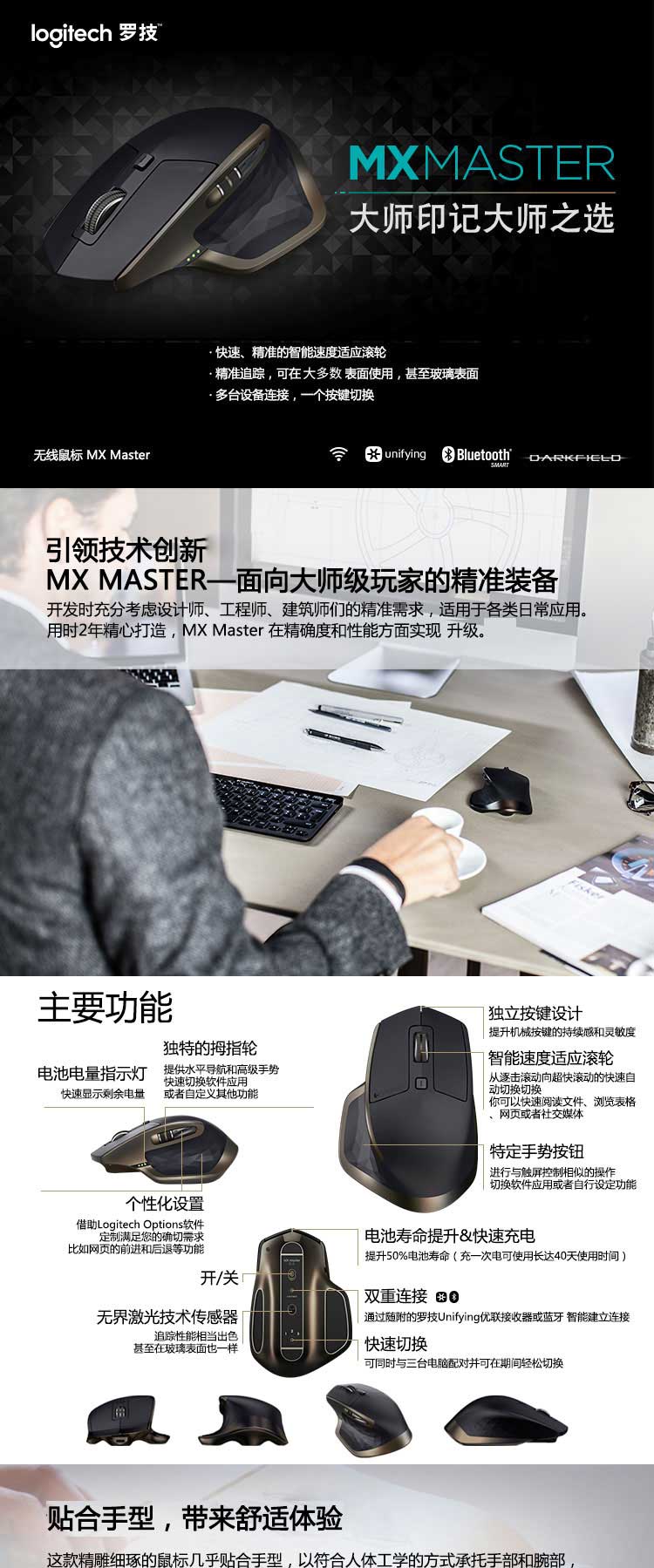 罗技/Logitech MX MASTER无线大师鼠标 蓝牙优联双模式鼠标