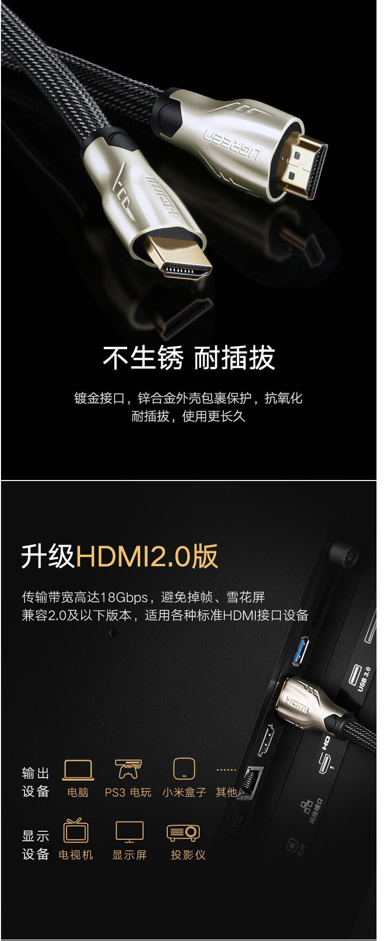 绿联（UGREEN） 绿联  HD102 hdmi高清线2.0版机顶盒电脑数据线1.5米4K电视连接线