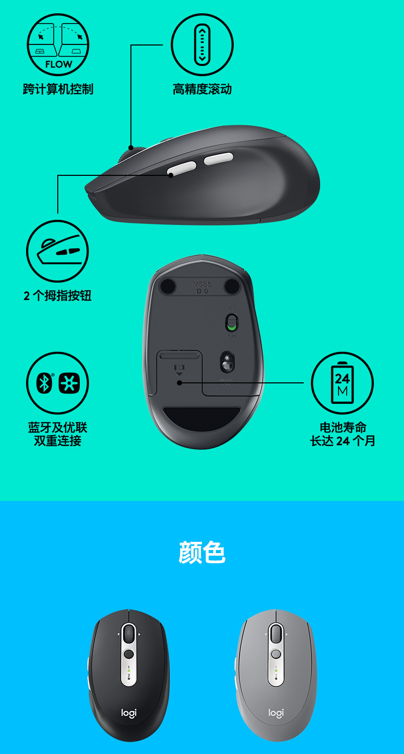 罗技/Logitech 罗技M585无线鼠标蓝牙优联双模式电脑办公笔记本商务多屏Flow技术