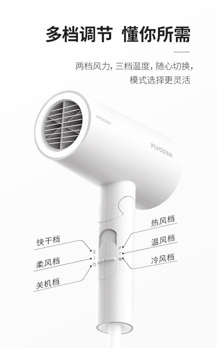 飞科 FLYCO 电吹风机负离子护发家用磁吸集风嘴可折叠FH6276 1800W